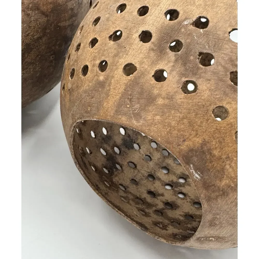 3 Piece Coconut Shell Candle Holders Set Hollow Pierced Handmade Natural Rustic